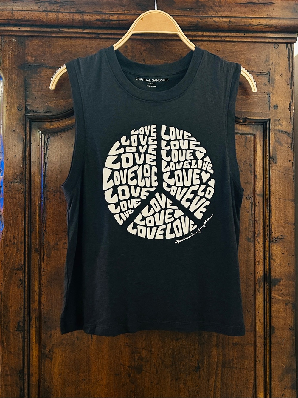 Spiritual Gangster Black Muscle Tee with White "Love" Prace Sign Graphic Size S